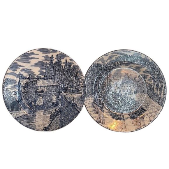 American Atelier Plates Blue Tiole 5217 Stoneware Blue & White 8” Set of Two - Picture 1 of 9